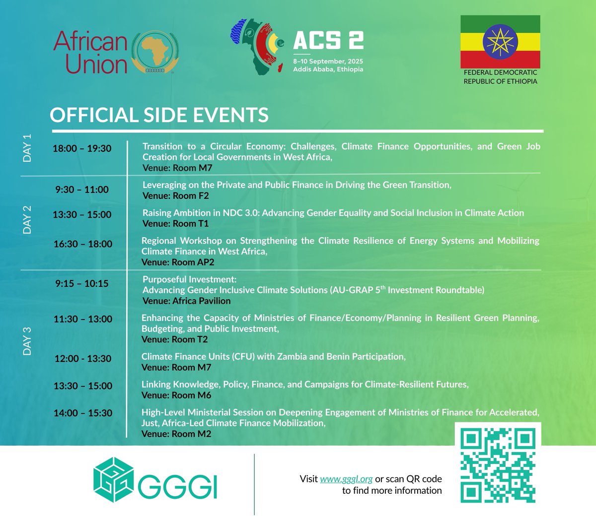 Check out our list of Mandated &amp; Official Side Events for the upcoming <a href="/ACS2ET/">Africa Climate Summit 2</a> in Addis Ababa. We're working to amplify #African voices &amp; drive action on #ClimateFinance &amp; #GreenGrowth.

Our Pavilion agenda, coming soon!

Read more: gggi.org/media-advisory…
#GGGI #ACS2 #GGGIatACS2