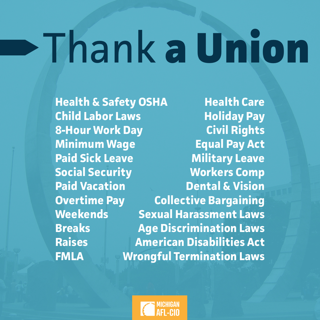 United we bargain, divided we beg.

This Labor Day, we thank unions for

weekends,

the 8-hour workday,

paid sick leave,

Social Security,

overtime pay,

OSHA,

FMLA,

employer-sponsored health care benefits,

and much more. 

#LaborDay #ThankAUnion