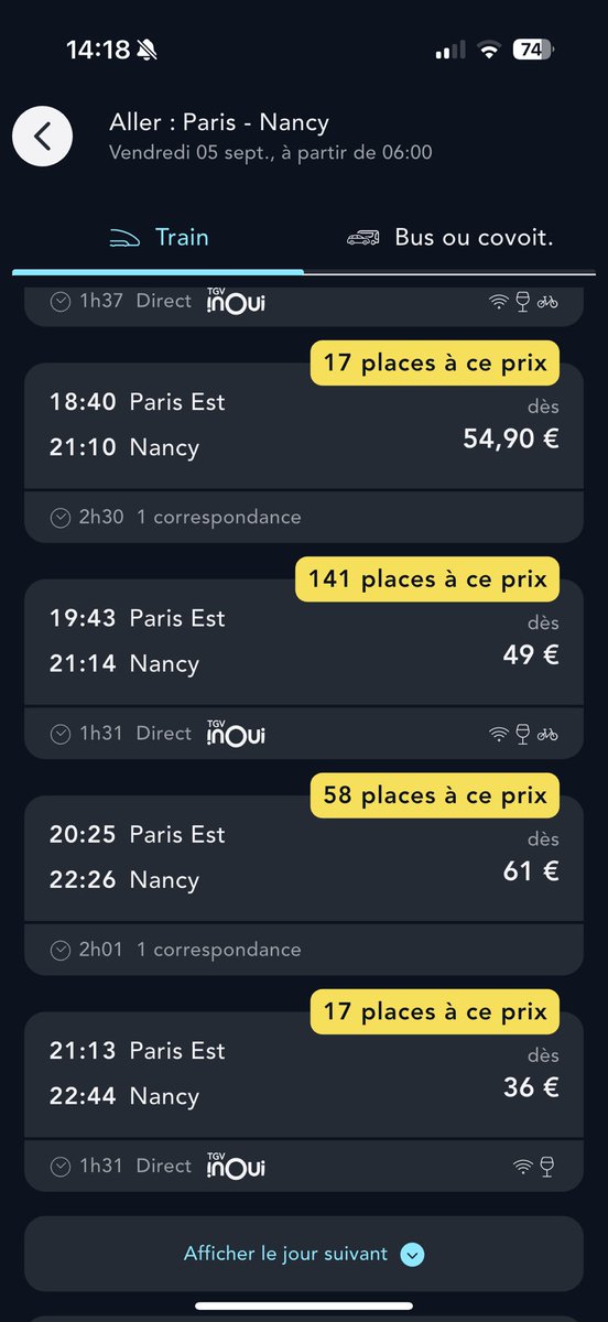 Dumas Benjamin (@benjamind_anepf) on Twitter photo Bonjour <a href="/SNCFVoyageurs/">SNCF Voyageurs</a>, serait il possible de libérer des TGV max sur les trains avec encore + 140 places de libres à 4 jours du départ ? Ça me permettrait de ne pas sécher des cours alors que je paye un abonnement depuis un an.
Merci d’avance. Bonjour <a href="/SNCFVoyageurs/">SNCF Voyageurs</a>, serait il possible de libérer des TGV max sur les trains avec encore + 140 places de libres à 4 jours du départ ? Ça me permettrait de ne pas sécher des cours alors que je paye un abonnement depuis un an.
Merci d’avance.