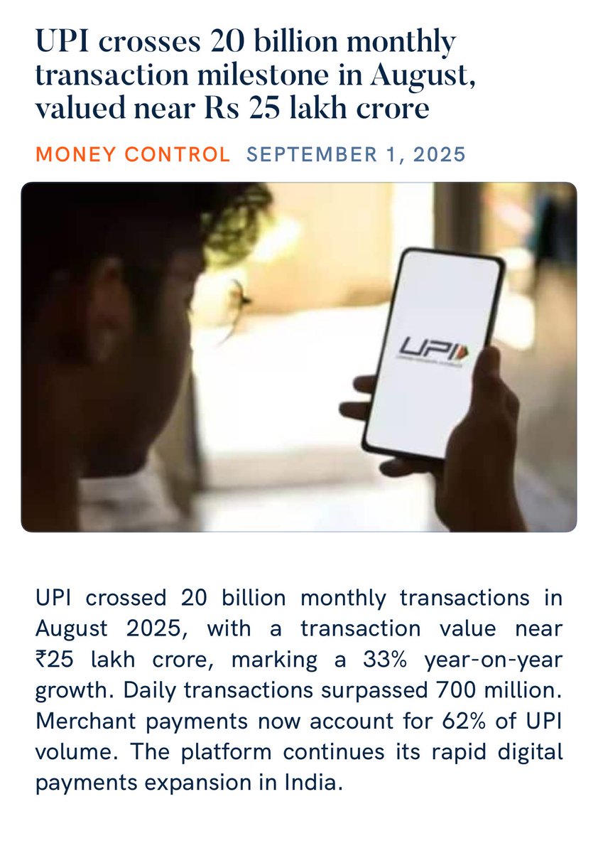 UPI crosses 20 billion monthly transaction milestone in August, valued near Rs 25 lakh crore
moneycontrol.com/technology/upi…

via NaMo App