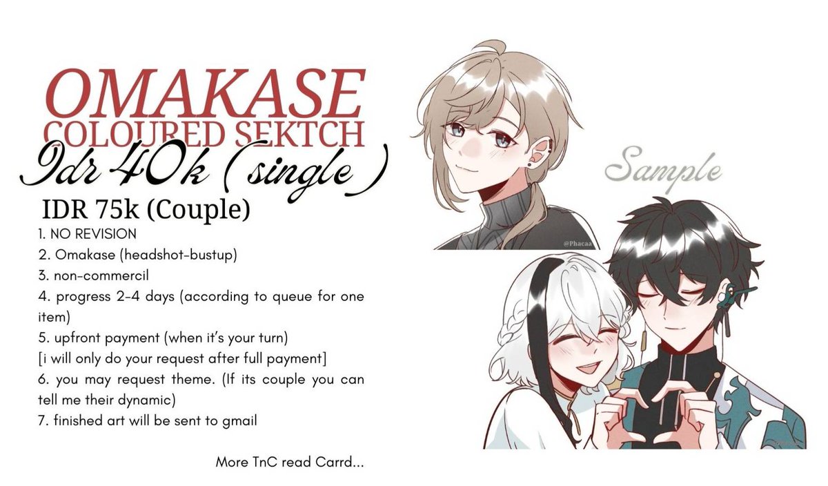 Open commission!
`Like n RT is appreciated!

TnC, do n don't and other menu read carrd: 
Phacomm.carrd.co

Update slots on thread
`Dm me if interested! (please tag me if i don't responce within 24 hours)
Payment: BCA, Seabank, spay.