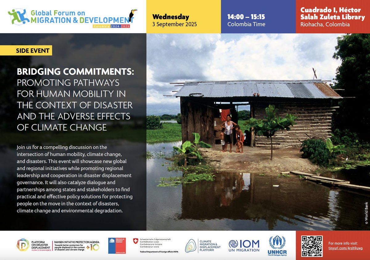 IOM Climate Action (@iom_mecc) on Twitter photo 🌍At #GFMD15, join us to explore how global & regional #ClimateMobility actions boost resilience, leadership, & spark partnerships for policy solutions to disaster displacement
🤝 <a href="/SwissMFA/">Swiss MFA</a> <a href="/GobiernodeChile/">Gobierno de Chile</a> <a href="/DDisplacement/">DisasterDisplacement</a> <a href="/UNmigration/">IOM - UN Migration 🇺🇳</a> <a href="/Refugees/">UNHCR, the UN Refugee Agency</a> <a href="/cmdplatform/">Climate, Migration & Displacement Platform</a>
🗓️ 3 Sept 14:00–15:15 🌍At #GFMD15, join us to explore how global & regional #ClimateMobility actions boost resilience, leadership, & spark partnerships for policy solutions to disaster displacement
🤝 <a href="/SwissMFA/">Swiss MFA</a> <a href="/GobiernodeChile/">Gobierno de Chile</a> <a href="/DDisplacement/">DisasterDisplacement</a> <a href="/UNmigration/">IOM - UN Migration 🇺🇳</a> <a href="/Refugees/">UNHCR, the UN Refugee Agency</a> <a href="/cmdplatform/">Climate, Migration & Displacement Platform</a>
🗓️ 3 Sept 14:00–15:15