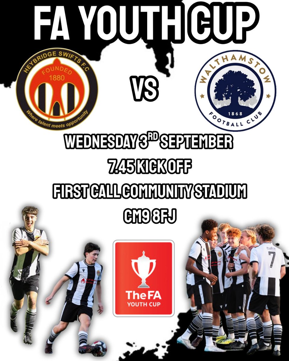 🚨FA YOUTH CUP🚨

Get yourself to <a href="/officialswifts/">Heybridge Swifts FC</a> on Wednesday to support our U18’s. They face <a href="/walthamstowfc/">Walthamstow Football Club</a> U18’s in the FA Youth Cup

After an impressive start and a good cup run in last years competition they look to go one better

📆 - 3/09
🕗 - 7.45 KO
📍 -CM9 8FJ

#Swifts