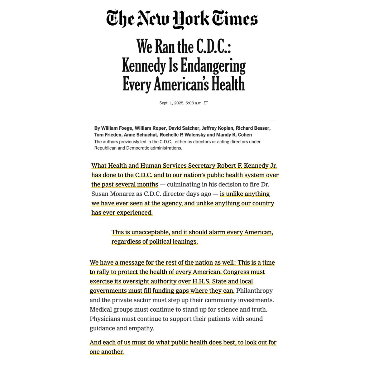 Céline Gounder, MD, ScM, FIDSA 🇺🇦 (@celinegounder) on Twitter photo 9⃣CDC Directors going back to 1977 speak out.
They served under BOTH Democratic & Republican Presidents.
🚨🚨🚨This is not business as usual. 🚨🚨🚨
nytimes.com/2025/09/01/opi…
<a href="/DrRichBesser/">Rich Besser</a> <a href="/DrTomFrieden/">Dr. Tom Frieden</a> <a href="/RWalensky/">Rochelle Walensky, MD, MPH</a> <a href="/DrMandyCohen/">Mandy Cohen</a> 9⃣CDC Directors going back to 1977 speak out.
They served under BOTH Democratic & Republican Presidents.
🚨🚨🚨This is not business as usual. 🚨🚨🚨
nytimes.com/2025/09/01/opi…
<a href="/DrRichBesser/">Rich Besser</a> <a href="/DrTomFrieden/">Dr. Tom Frieden</a> <a href="/RWalensky/">Rochelle Walensky, MD, MPH</a> <a href="/DrMandyCohen/">Mandy Cohen</a>