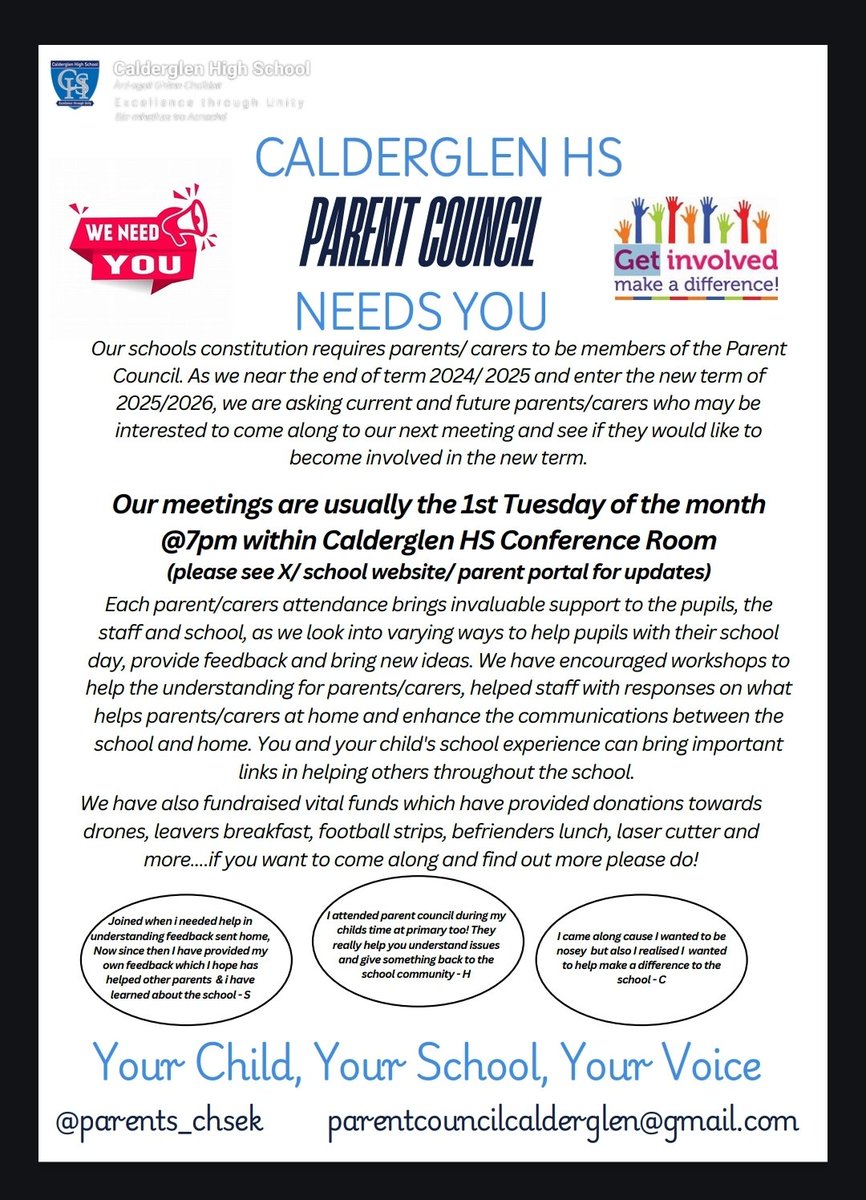 Welcome back to our new school term for 2025/26. Hope everyone had a lovely break. 

1st PC meeting for the new term-
📅 Tuesday 2nd September
🕖 7pm
📍 Conference room <a href="/CglenHighSchool/">Calderglen High 🏳️‍🌈</a>
🤝All welcome to attend, tea and coffee included 😊 
If unable, any issues please ✉️ us!