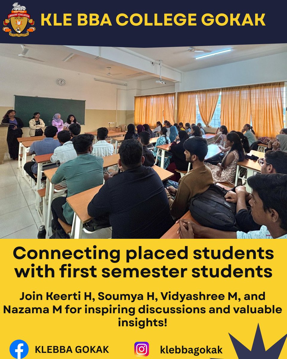 klebbagokak's tweet image. ✨ Alumni Interaction ✨
Today, our alumni students Keerti H, Soumya H, Nazama M, and Vidyashree M visited KLE BBA College, Gokak and had an engaging interaction with our 1st semester students.
#KLEBBAGokak #AlumniInteraction #BBAStudents #StudentInspiration #FutureLeaders