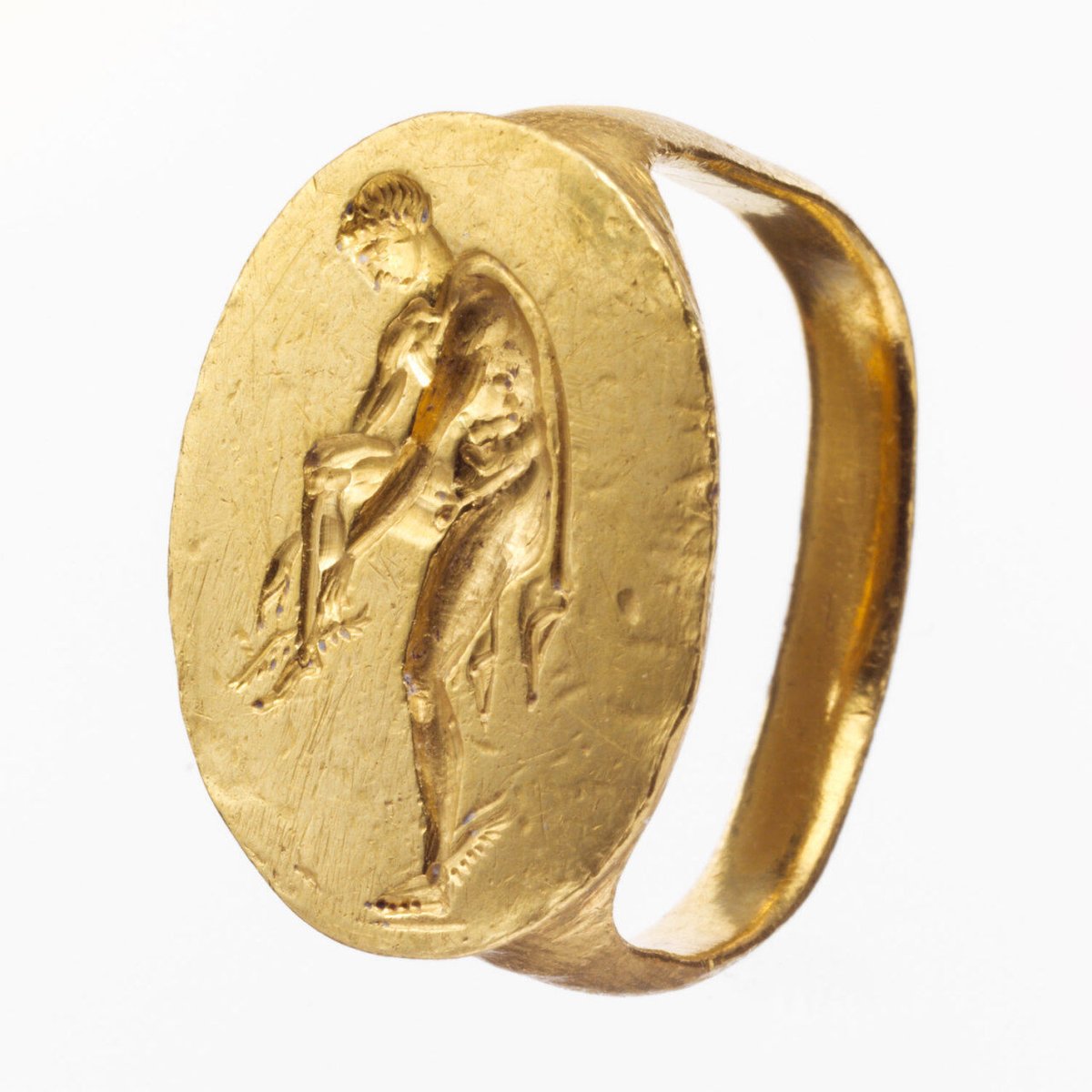 Gold finger ring engraved with Hermes, Greek (South Italian, Tarentine), Late Classical, late 4th century BC, gold; Collection: The Metropolitan Museum of Art, New York (currently on view, Gallery 158).