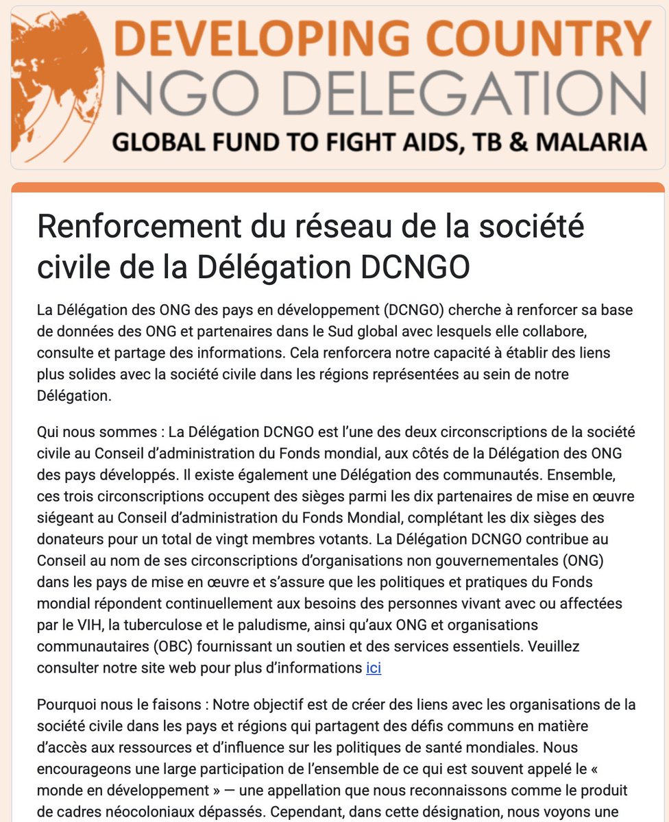 Nous renforçons notre réseau d’ONG dans le Sud global. Connectez-vous avec nous pour que les politiques du <a href="/GlobalFund/">The Global Fund</a> reflètent la réalité de la société civile. forms.gle/pK38drUuSCxH63… avec <a href="/watojoseph/">wato joseph</a> <a href="/Ong_Rame/">RAME - Réseau Accès aux Médicaments Essentiels</a> <a href="/CeciliaSenoo/">Cecilia Senoo</a> <a href="/GFadvocates/">GlobalFundAdvocates</a> <a href="/GFAN_Africa/">Global Fund Advocates Network (GFAN) Africa</a>