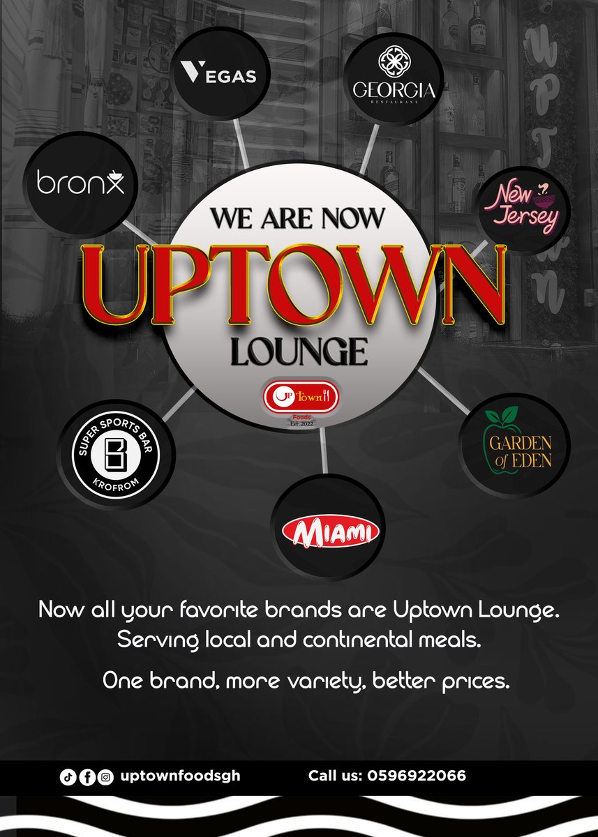Rebranding alert! 🚨 We are now UPTOWN LOUNGE! 🍴🔥 One roof, many flavors: Vegas, Georgia, New Jersey, Bronx, Super Sports Bar Krofrom, Garden of Eden, Miami &amp; Ohio! 📍 Call 0596922066 📞 #UptownLounge