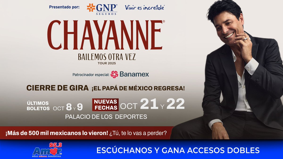 ❤ ¡Atención, fans del papá de todo México! La exitosa gira "𝐁𝐚𝐢𝐥𝐞𝐦𝐨𝐬 𝐎𝐭𝐫𝐚 𝐕𝐞𝐳" de <a href="/CHAYANNEMUSIC/">CHAYANNE</a> está por llegar a su fin y lo hará con un cierre espectacular en México.🎤

 🎟️¡Regístrate y participa por tus boletos! ul.ink/1SBW0T
