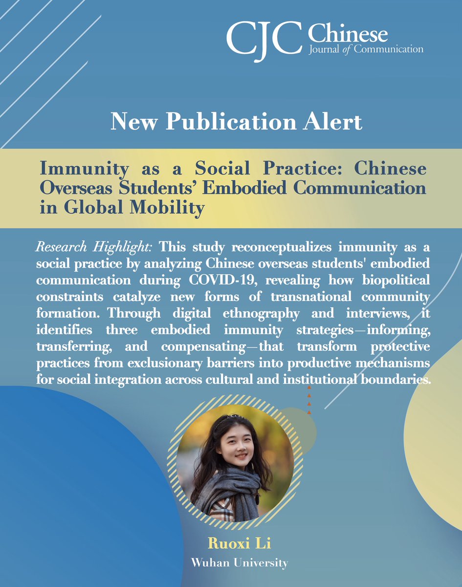 New pub alert! Li’s study reveals how Chinese overseas students’ embodied communication during COVID-19 transformed biopolitical constraints into new forms of transnational communities.

Read here:doi.org/10.1080/175447…