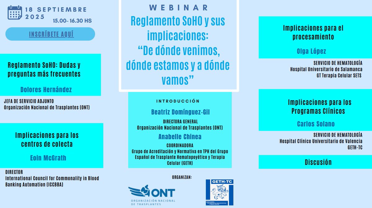 Organización Nacional de Trasplantes (@ont_esp) on Twitter photo 📣 ¡Inscripciones abiertas! 📣
💻 Webinar: Reglamento SoHO y sus implicaciones: "De dónde venimos, dónde estamos y a dónde vamos"
🇪🇸 Idioma: Español
🗓️ Fecha: 18/09/25
⏰ Hora: 15:00
🤝 Organizan: <a href="/ONT_esp/">Organización Nacional de Trasplantes</a> y <a href="/GETH_info/">GETH</a>
🖱️ Inscripciones en este enlace: register.gotowebinar.com/register/85142… 📣 ¡Inscripciones abiertas! 📣
💻 Webinar: Reglamento SoHO y sus implicaciones: "De dónde venimos, dónde estamos y a dónde vamos"
🇪🇸 Idioma: Español
🗓️ Fecha: 18/09/25
⏰ Hora: 15:00
🤝 Organizan: <a href="/ONT_esp/">Organización Nacional de Trasplantes</a> y <a href="/GETH_info/">GETH</a>
🖱️ Inscripciones en este enlace: register.gotowebinar.com/register/85142…