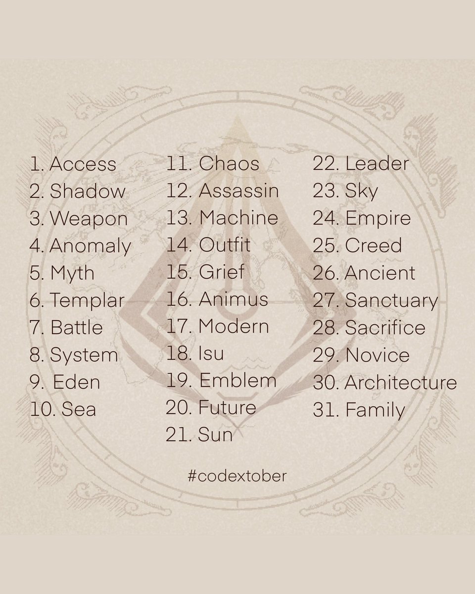 codextober's tweet image. It’s back, again! Codextober is an Assassin’s Creed themed creative challenge for October.

Tag your work with #codextober and/or tag @codextober so we can check it out and share! We can’t wait to see what you all create. More info below!

Safety and Peace ✨
#AssassinsCreed