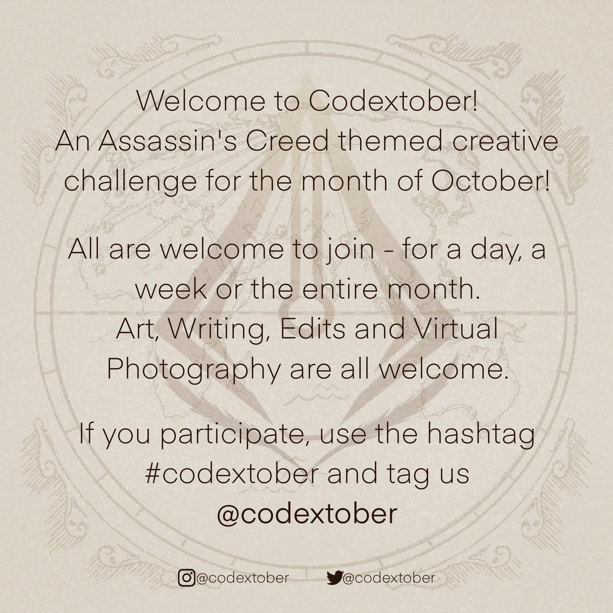 codextober's tweet image. It’s back, again! Codextober is an Assassin’s Creed themed creative challenge for October.

Tag your work with #codextober and/or tag @codextober so we can check it out and share! We can’t wait to see what you all create. More info below!

Safety and Peace ✨
#AssassinsCreed