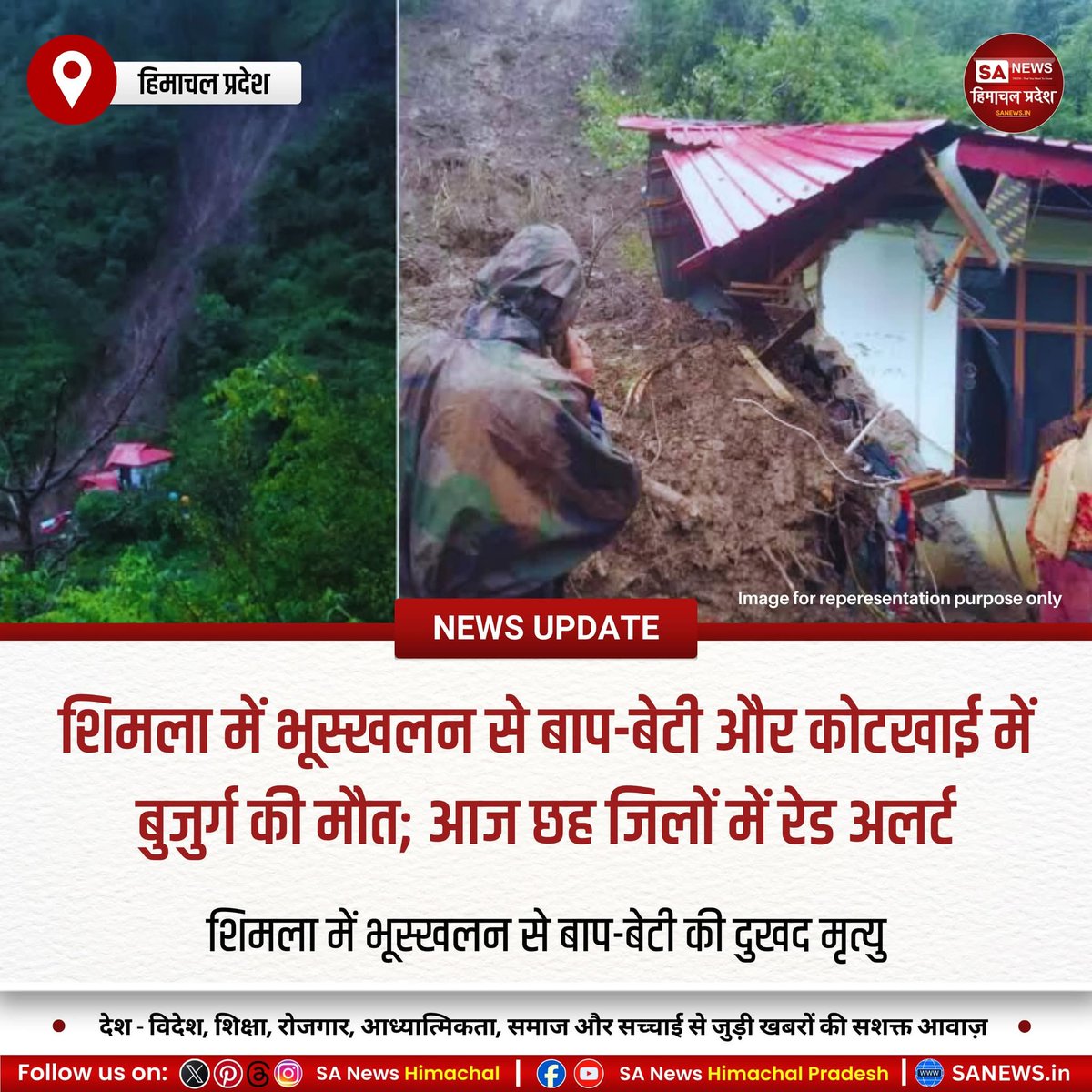 sanewshimachal's tweet photo. हिमाचल में भारी बारिश से भूस्खलन, शिमला में पिता-पुत्री व कोटखाई में महिला की मौत। 662 सड़कें बंद, 985 ट्रांसफार्मर ठप, छह जिलों में रेड अलर्ट, नौ जिलों में स्कूल बंद।
#sanewshimachalpradesh #HimachalPradeshRain #LandslideAlert #HeavyRainfallWarning #ShimlaNews #naturaldisaster https://t.co/aqrh6bCYC1
