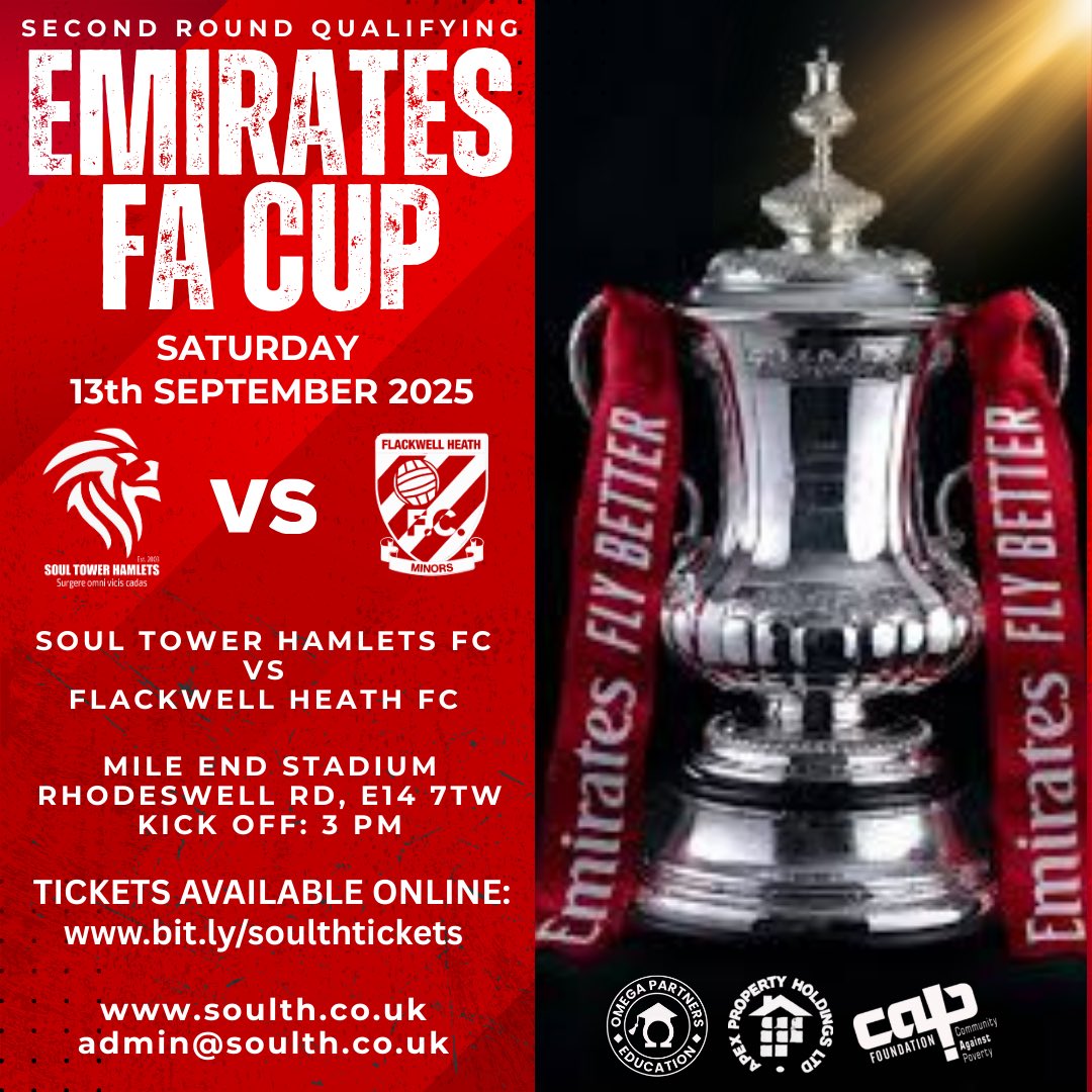 🔥 HISTORIC FA CUP CLASH IN TOWER HAMLETS! 🔥

We’ve been drawn at home to Flackwell Heath in the FA Cup Second Qualifying Round. The biggest football match in Tower Hamlets for over 125 years! 🏆⚽

📍 Mile End Stadium
📅 13th September 2025
⏰ 3pm 

This is not to be missed. Be