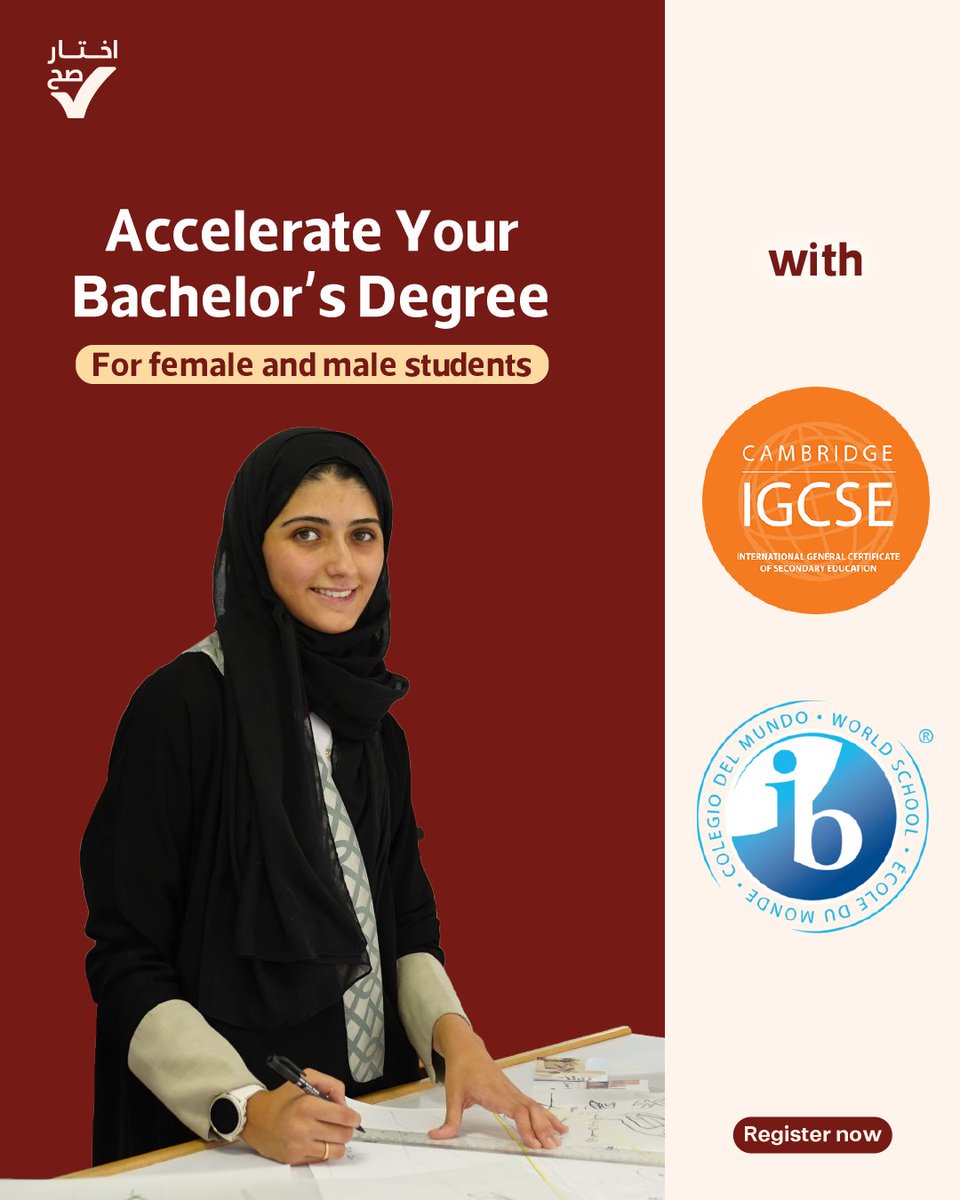 DAHUniversity's tweet image. At Dar Al-Hekma University, you have the opportunity to transfer credits toward your bachelor’s degree if you have IGCSE or International Baccalaureate (IB) qualifications!
#IGCSE
#InternationalBaccalaureate
#dahuniversity
#IB
#جامعة_دار_الحكمة
#dahuniversity