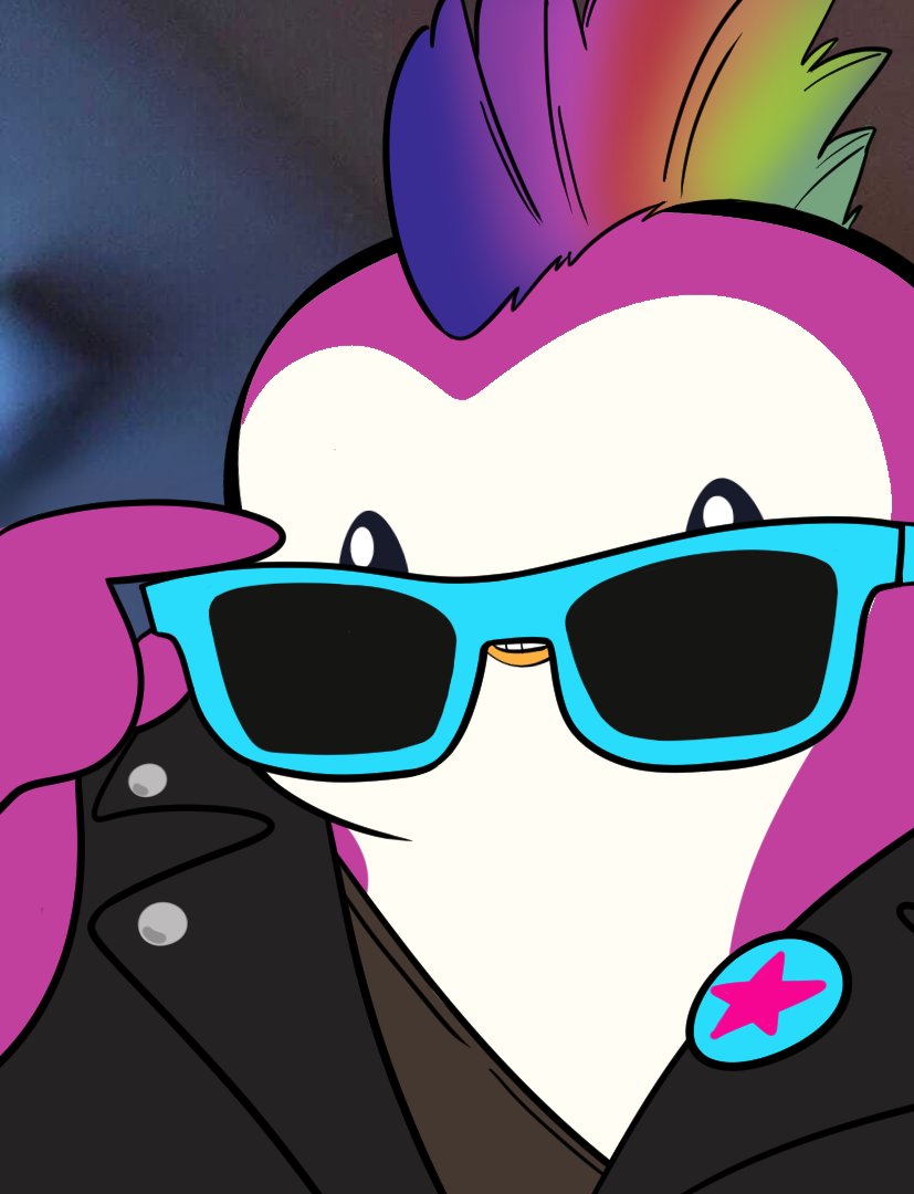 Stylish Pudgy Penguin with rainbow mohawk and sunglasses