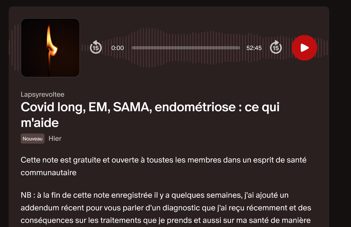 Sur Patreon, j'ai publié en accès gratuit, un podcast d'une petite heure sur tout ce que j'ai testé (avec et sans succès) dans mon parcours de soin pour le #covidlong l'#EM le #SAMA et l'#endometriose
Le lien est dans le linktree de ma bio, si vous voulez l'écouter et en discuter