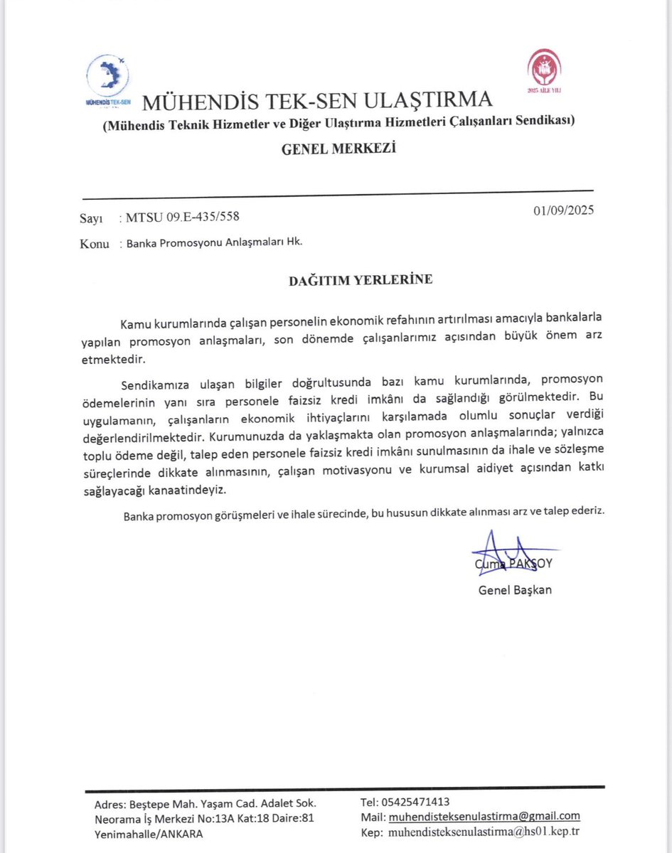 BANKA PROMOSYONLARI hk.

Kurumlarımızda banka promosyonu anlaşmalarının yenilenme süreci yaklaşmaktadır.
Sendikamız, yalnızca toplu ödeme değil, isteyen personele faizsiz kredi imkânı tanınması için kurumlara resmi yazı göndermiştir.

Çalışanların ekonomik haklarını büyütmek,