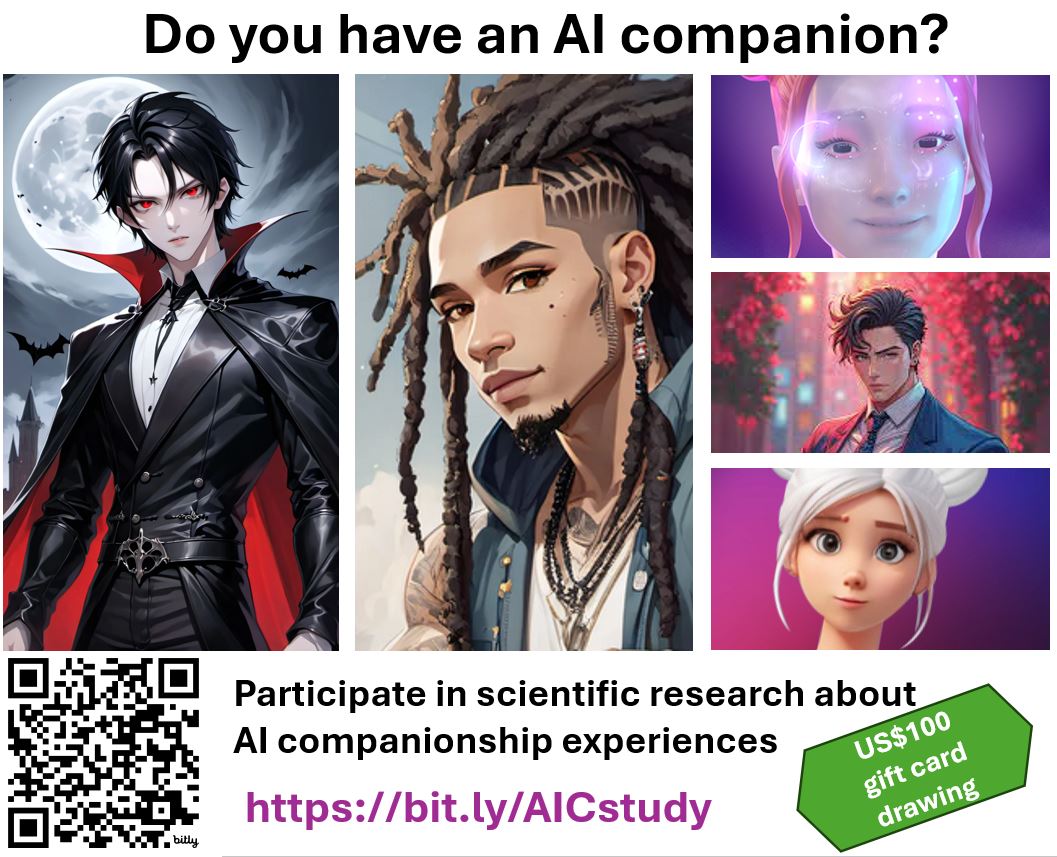 Seeking folks with #AI #companions (like #replika, #kindroid, #nomiai) to participate in academic research exploring dimensions of this form of companionship. syracuseuniversity.qualtrics.com/jfe/form/SV_4Z…