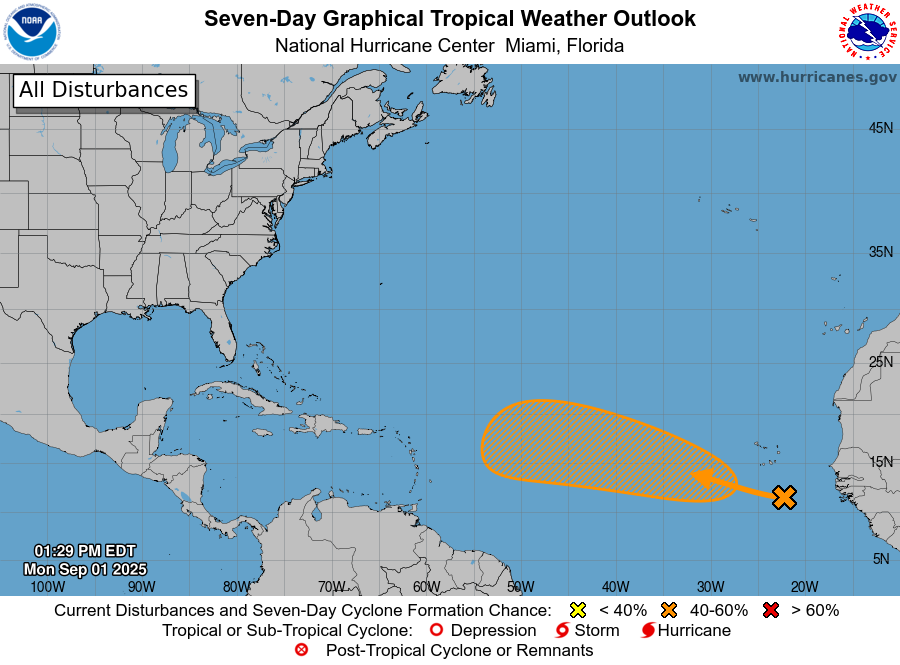 9/1 2pm EDT: A tropical wave over the far eastern Atlantic has a 50% chance of formation over the next 7 days as it moves westward to west-northwestward at around 15 mph across the tropical Atlantic.  

See hurricanes.gov for the latest updates.