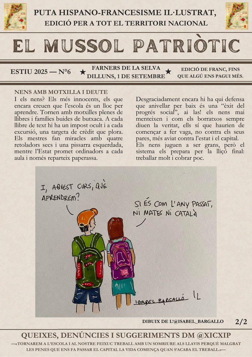 xicxip (@xicxip) on Twitter photo 🦉⚡Com cada primer de mes el Mussol Patriòtic ja és aquí!
🩴🎒Després d'un viatge de xancleta i motxilla per terres occitanes us delecta amb aquest especial "Tornada a l'escola" núm.6.
🖍️Amb la col·laboració de la dibuixant <a href="/isabel_bargallo/">Isabel Bargalló🏴</a>
#EMP6 #MussolPatriòtic #TornadaEscola 🦉⚡Com cada primer de mes el Mussol Patriòtic ja és aquí!
🩴🎒Després d'un viatge de xancleta i motxilla per terres occitanes us delecta amb aquest especial "Tornada a l'escola" núm.6.
🖍️Amb la col·laboració de la dibuixant <a href="/isabel_bargallo/">Isabel Bargalló🏴</a>
#EMP6 #MussolPatriòtic #TornadaEscola