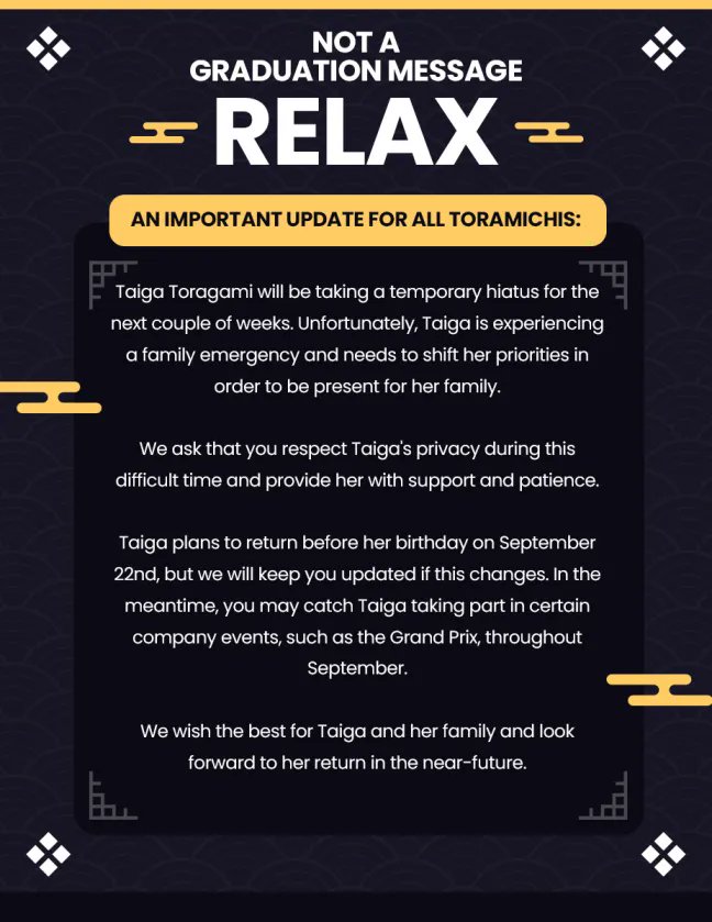 An important message regarding <a href="/TaigaToragami/">Taiga Toragami 🧧🥮 虎神大雅 | ChromaSHIFT</a>: