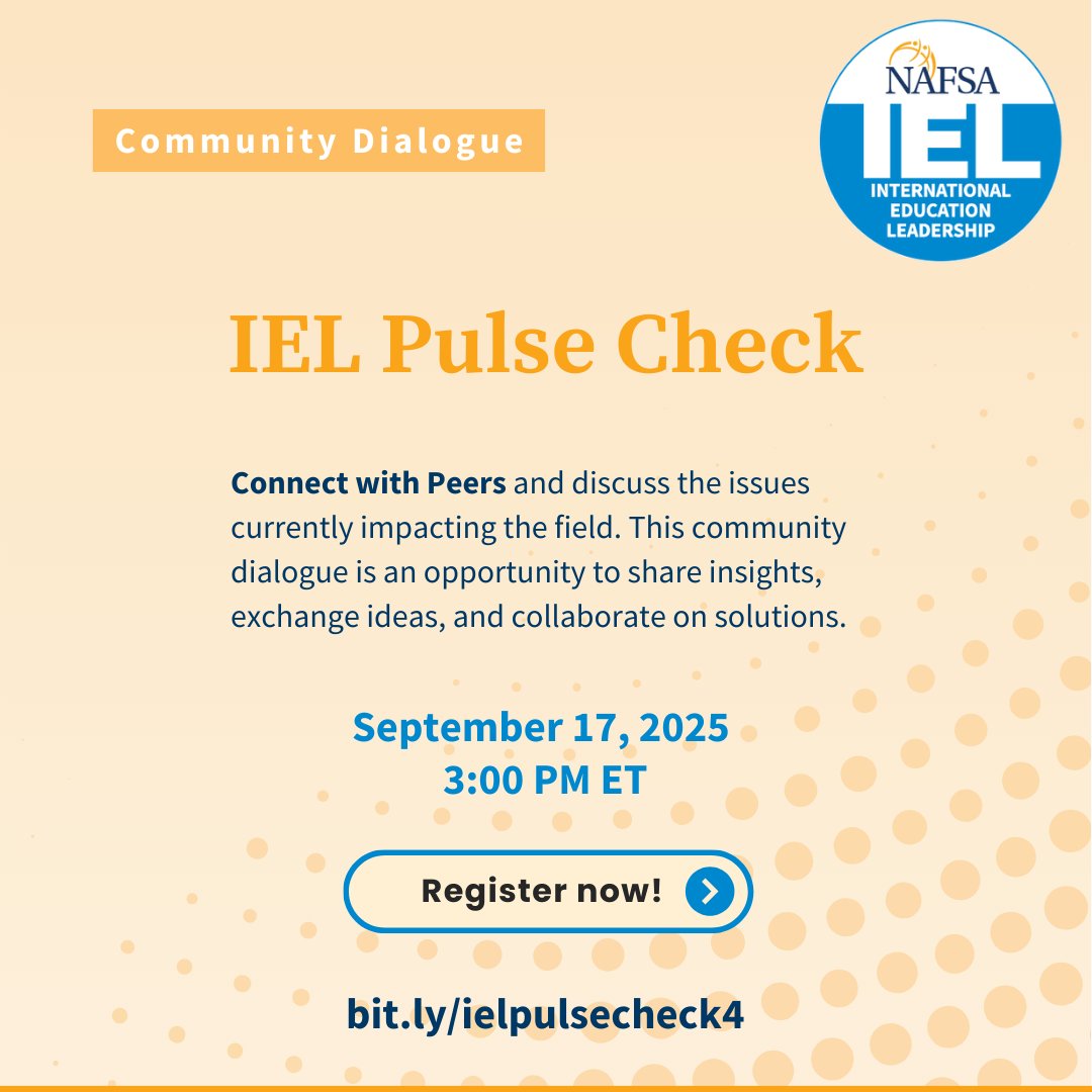 NAFSA's tweet photo. Join IEL KC leaders to discuss the issues currently impacting the field on Wednesday, Sep 17, at 3:00 pm ET. This event will not be recorded or transcribed and is open to all. Registration is required.
Register Today: https://t.co/OBPPMowHJp https://t.co/lzFO8EneKV