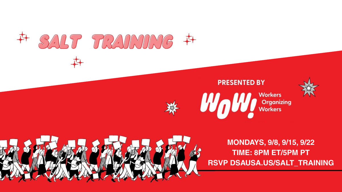 DemSocialists's tweet image. Happy Labor Day! Want to build power with your co-workers? Salting, or getting a non-union job & organizing your workplace, is a vital tactic to build the labor movement. Hear about organizing basics, priority industries, & getting a job you can organize.