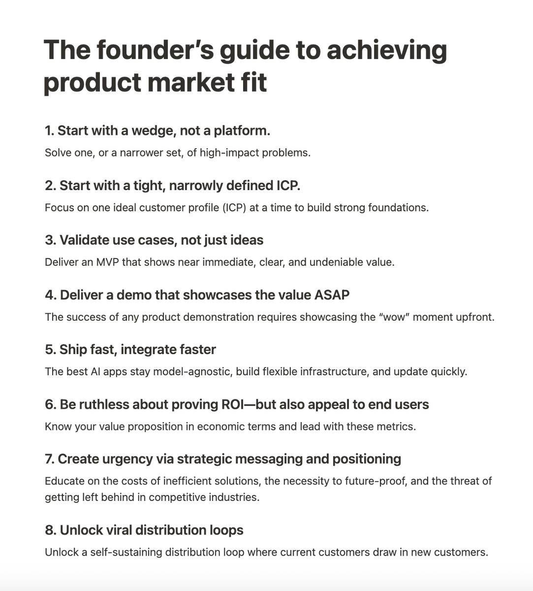 BessemerVP's tweet photo. Early traction ≠ product-market fit.

When you’re building in AI, it’s easy to mistake curiosity for commitment.

That’s why we built a playbook to help founders build real PMF with sharper metrics, stronger use cases, and ideas for lasting adoption.

Read the playbook: https://t.co/5OIFTzyxIE
