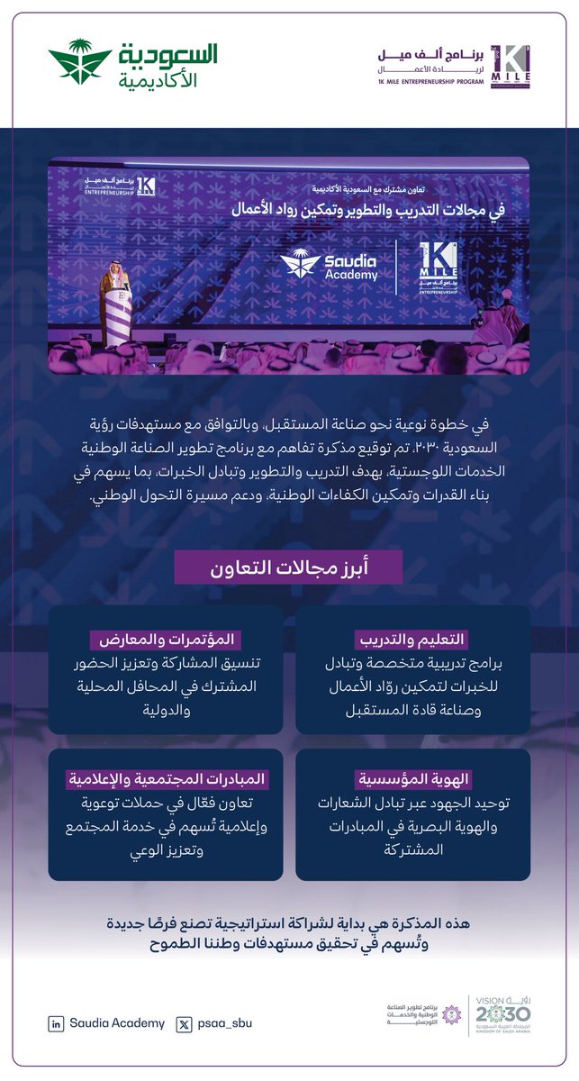 Saudia Academy (@psaa_sbu) on Twitter photo على هامش حفل ختام النسخة الثالثة من برنامج “ألف ميل” <a href="/1KMileksa/">برنامج ألف ميل</a>
وقعت #السعودية_الأكاديمية مذكرة تفاهم مع برنامج تطوير الصناعة الوطنية والخدمات اللوجستية <a href="/NIDLP_2030/">برنامج تطوير الصناعة الوطنية والخدمات اللوجستية</a>
National Industrial Development and Logistics Program (NIDLP)
في شراكة استراتيجية لصناعة المستقبل 🇸🇦، بهدف على هامش حفل ختام النسخة الثالثة من برنامج “ألف ميل” <a href="/1KMileksa/">برنامج ألف ميل</a>
وقعت #السعودية_الأكاديمية مذكرة تفاهم مع برنامج تطوير الصناعة الوطنية والخدمات اللوجستية <a href="/NIDLP_2030/">برنامج تطوير الصناعة الوطنية والخدمات اللوجستية</a>
National Industrial Development and Logistics Program (NIDLP)
في شراكة استراتيجية لصناعة المستقبل 🇸🇦، بهدف