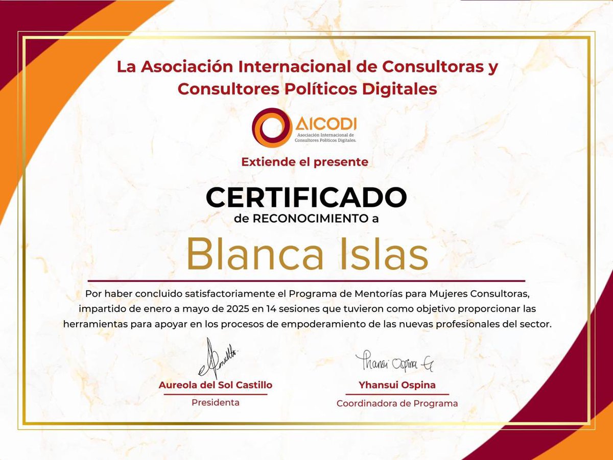 Que felicidad y orgullo de recibir de <a href="/AicodiOficial/">AICODI Oficial</a> por mi participación en tremendo programa de mentorias para consultoras políticas en más de 12 países, un grupo selecto de 50 mujeres unidas que hoy tenemos más herramientas para leer  el panorama, geopolítica y prospectivas