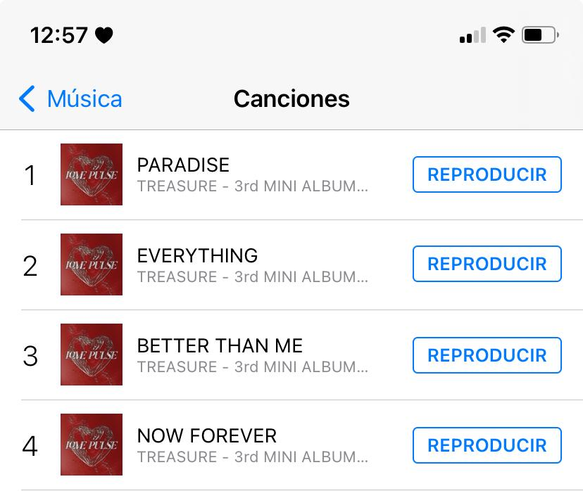 teulandperu's tweet photo. 🇵🇪 iTunes PERÚ - TREASURE ‘LOVE PULSE’.  

#1 PARADISE
#2 EVERYTHING
#3 BETTER THAN ME
#4 NOW FOREVER

* Todas las canciones del álbum ocupan el top 4 en iTunes Perú! Felicidades Teumes!🥳❤️👏 https://t.co/UpGo27KC0I