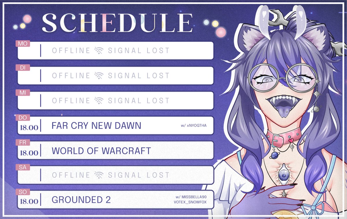 Besser spät als nieeee Streamplaniiii ! ( ദ്ദി ˙ᗜ˙ )
Nächste Woche gibt's wieder mehr Streams aber ich fühle mich immernoch wonky so i may rest a bit more