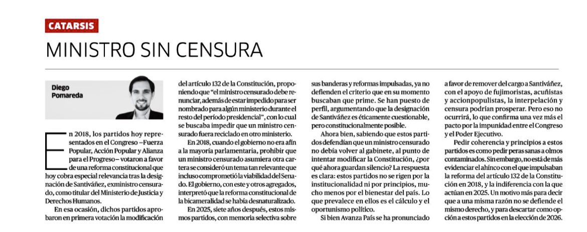 En 2018, Fuerza Popular, AP y APP aprobaron, en primera votación, una reforma para prohibir que un ministro censurado vuelva al gabinete. Hoy🚨, en 2025, estos partidos de gobierno, permiten que nombren a Santibáñez, exministro censurado. El oportunismo en su máxima expresión👇