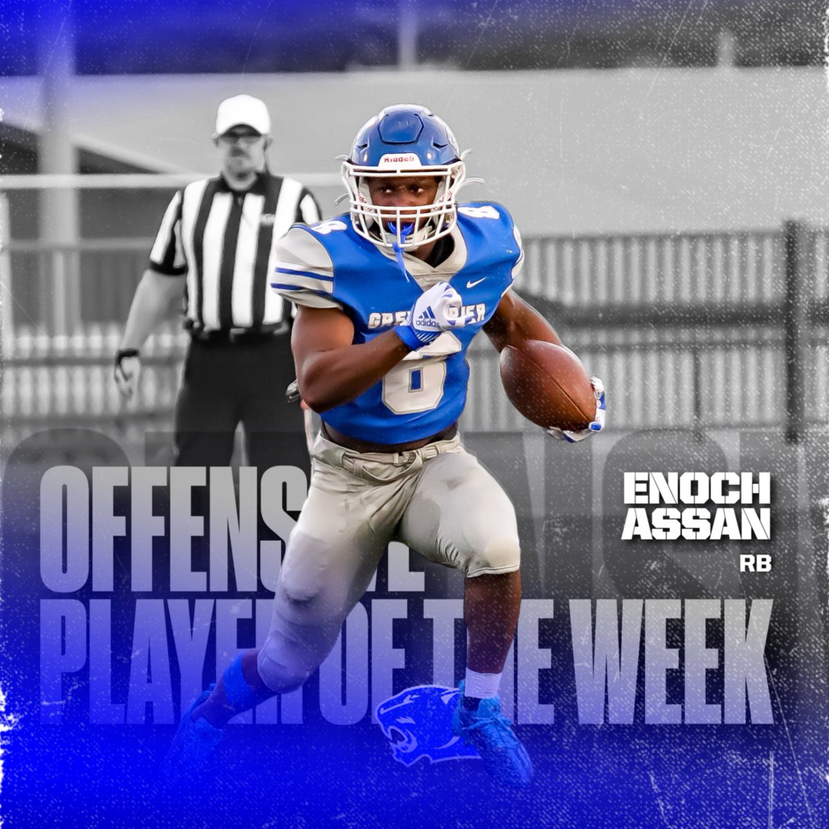Congratulations to Sr. RB Enoch Assan on being named Week 1 Offensive Player of the Week vs Warren! Enoch finished with 33 carries for 313 yds and a school-tying record 6 TDs, 2 rec for 59 yds and 1 TD! That's 372 all-purpose yards and 7 total TDs! 
#PantherWay