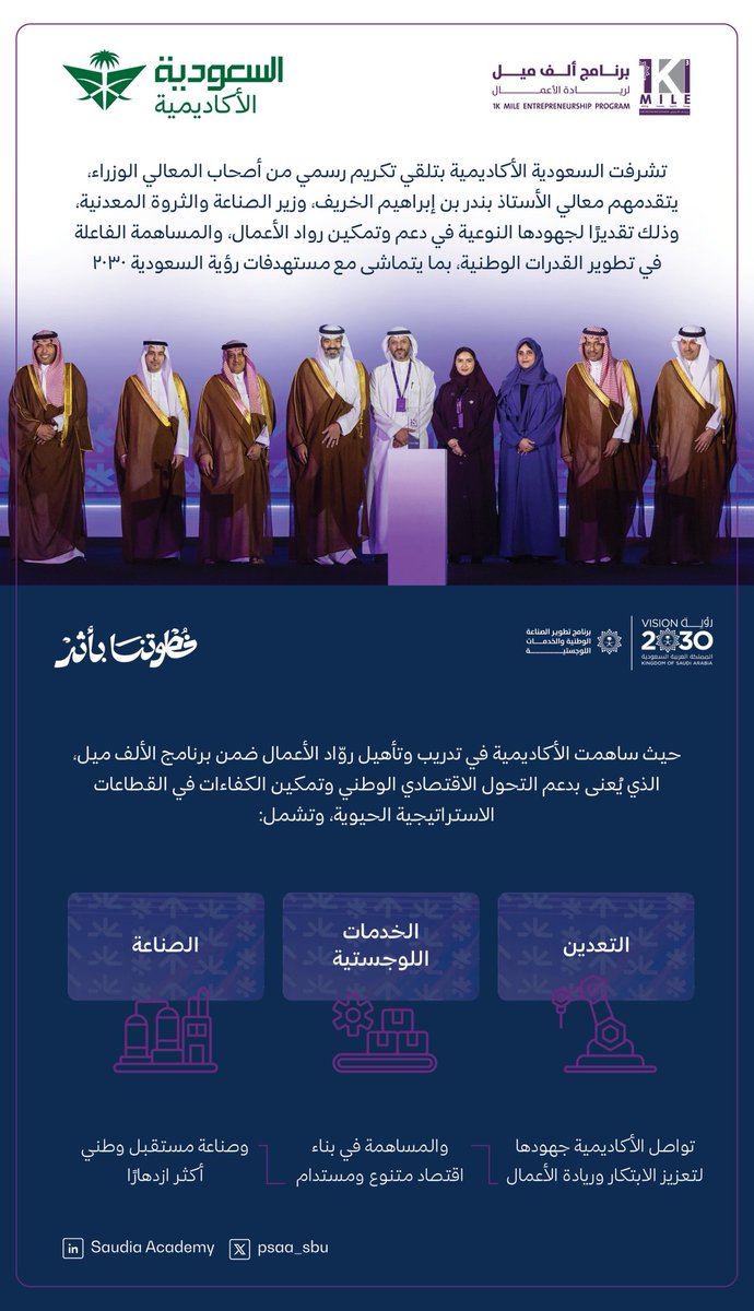 تفخر #السعودية_الأكاديمية بتكريم معالي الأستاذ بندر بن إبراهيم الخريف، وزير الصناعة والثروة المعدنية

لدورها في تمكين روّاد الأعمال وتأهيلهم ضمن برنامج الألف ميل، وتعزيز بناء القدرات الوطنية 🇸🇦

#رؤية_السعودية_2030