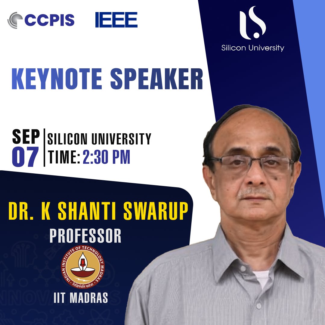 Silicontech_bbs's tweet image. Honored to welcome Dr. K. Shanti Swarup, Prof. @iitmadras, as #KeynoteSpeaker at #CCPIS2025 ⚡
With 30+ yrs in #smartgrids, #powersystemoptimization &amp;amp; #energymanagement, his insights will inspire innovation.

Supported by PRDC &amp;amp; LOGICZAP | Sponsored by @IEEEorg