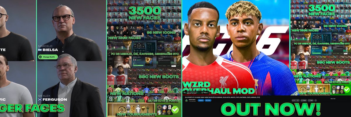 WZRD MODs (@wzrdmod) on Twitter photo countdown to #fc26!
our first full #FC26 mod for #FC25 is out now!
📊full #FC26 database! complete ratings, minifaces, transfers, menus, 3500 new faces, 500 new tattoos, 25/26 season kits, 80 new nations and soo much more! check it out on youtube!⤵️
youtu.be/6Jez3coYka8?si… countdown to #fc26!
our first full #FC26 mod for #FC25 is out now!
📊full #FC26 database! complete ratings, minifaces, transfers, menus, 3500 new faces, 500 new tattoos, 25/26 season kits, 80 new nations and soo much more! check it out on youtube!⤵️
youtu.be/6Jez3coYka8?si…