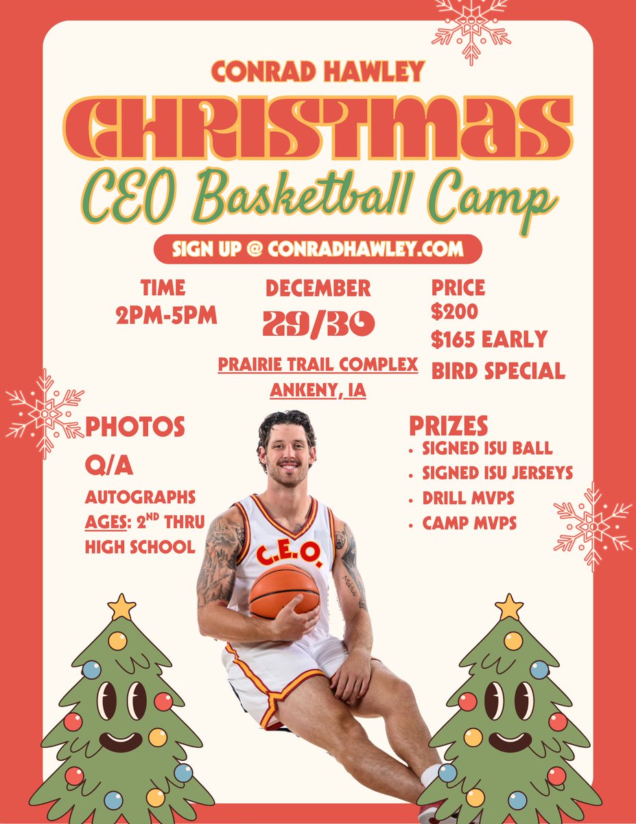 🏀🎄 CEO’s Christmas Basketball Camp 🎄🏀
📍 Prairie Trail Sports Complex – Ankeny, IA
🗓 Dec 29 &amp; 30 | 2–5 PM
🎯 2nd Grade – High School
💲 $200 | Early Bird: $165
Limited Spots Available! 
Registration Link: conradhawley.com/camp-detailsre…