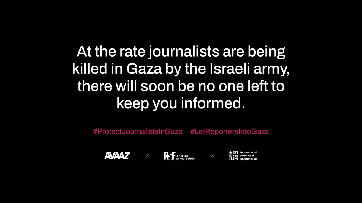 Today we join <a href="/Avaaz/">Avaaz</a> <a href="/IFJGlobal/">IFJ</a> <a href="/RSF_inter/">RSF</a> and media organisations around the world to say ENOUGH. 
220 journalists have been killed in Gaza in the last two years, while international media has been banned. 
#ProtectJournalistsInGaza
#LetReportersIntoGaza