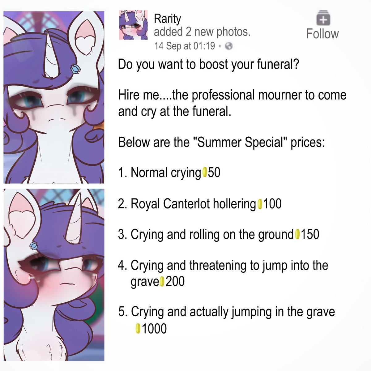 Hire rarity! The professional mourner to come and cry at the funeral! ♡ヾ(´▽｀) /

#mlpart #mlp