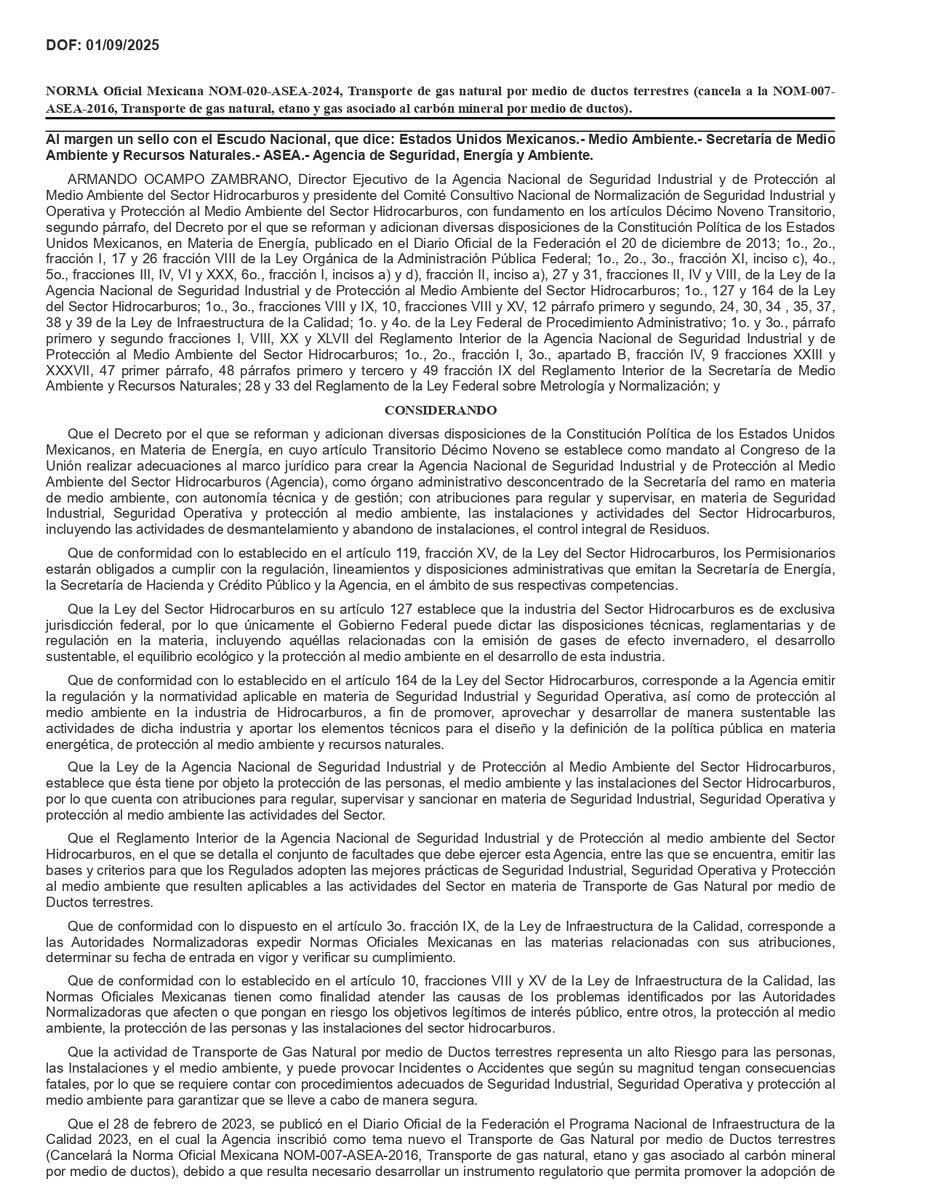 GlobalEnergyMEX's tweet photo. 🚨#ULTIMAHORA | La @agencia_asea publicó en el #DOF la nueva NOM-020-ASEA-2024, que establece los nuevos requisitos técnicos y de #seguridad en infraestructura de #gasnatural en #México.

https://t.co/YZP46AhFr7 https://t.co/QsaI9EhNj4