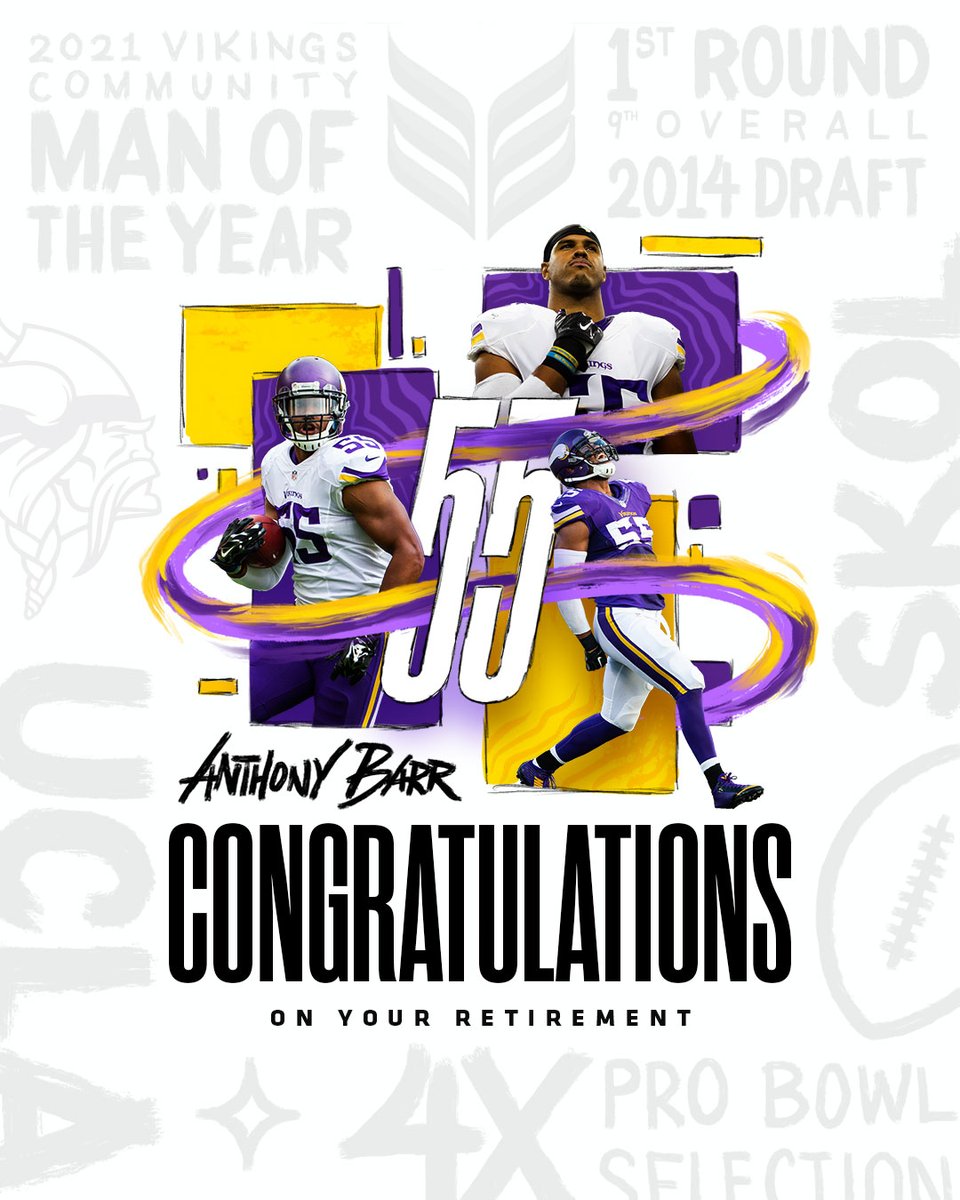 Minnesota Vikings (@vikings) on Twitter photo Today we're recognizing and celebrating <a href="/AnthonyBarr/">Anthony Barr</a>'s career.
Barr, a 4-time Pro Bowler and the 2021 #Vikings Man of the Year, exemplified what it means to be a Viking both on and off the field. Today we're recognizing and celebrating <a href="/AnthonyBarr/">Anthony Barr</a>'s career.
Barr, a 4-time Pro Bowler and the 2021 #Vikings Man of the Year, exemplified what it means to be a Viking both on and off the field.