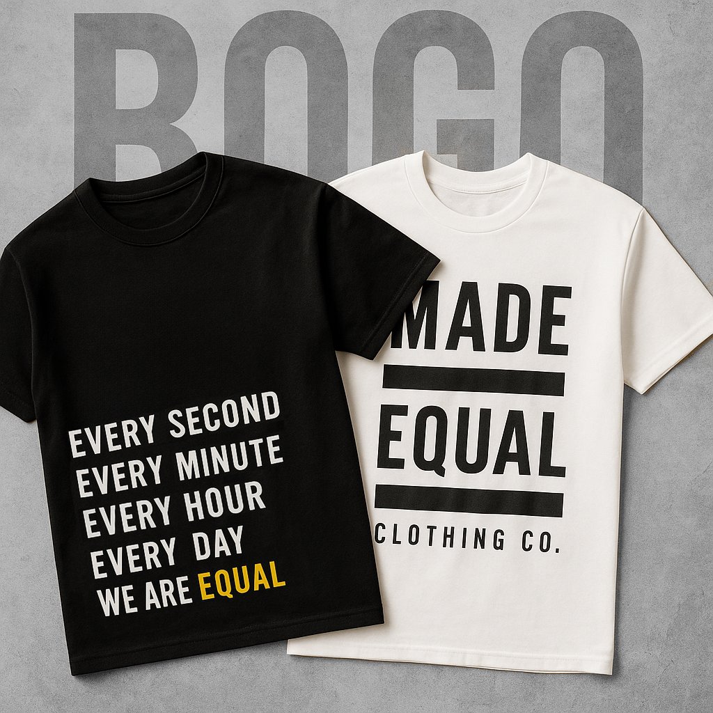 🔥 BOGO DROP 🔥
Buy a Logo or Statement Tee → Get 1 Logo or Statement Tee for FREE.
Limited time. Limited sizes. Don’t miss.
Use code BOGO at checkout.
👉🏼 madeequalco.com/category/t-shi…