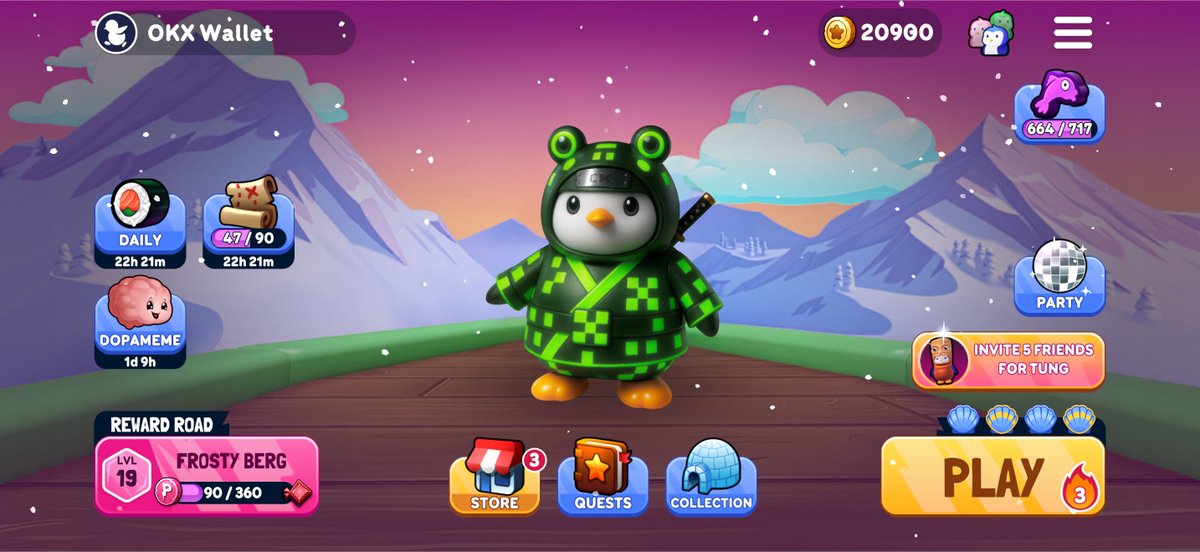 개조된 개구리 닌자 복장의 Pudgy Penguin이 등장하는 OKX Wallet 미니게임 스크린샷