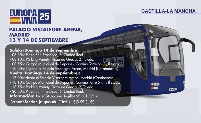 🇪🇸¡EUROPA VIVA 25! 🇪🇸

 📅14 de septiembre - Palacio de Vistalegre (Madrid)

🚌 ¡RESERVA TU PLAZA DE AUTOBÚS, no te quedes sin ella!
