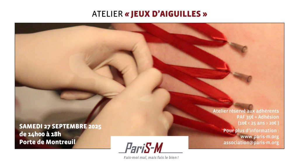 Vous voulez découvrir le needle play (ou jeux d'aiguilles) ?
En collaboration avec l'association PariS-M, je vous propose un atelier Jeux d'aiguilles le 27 septembre à Paris.
Découvrez tout le nécessaire pour débuter le needle play 

Inscription ici : paris-m.org/atelier-jeux-d…