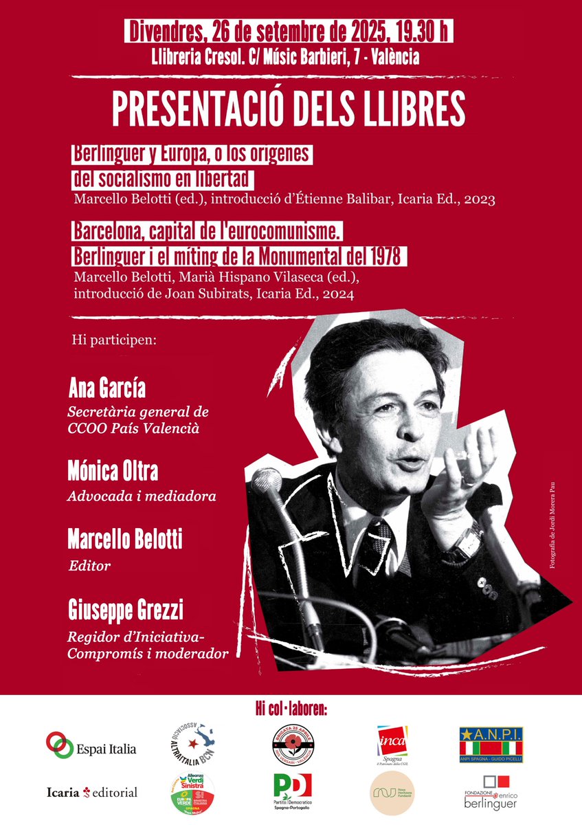 AltraItalia BCN (@altraitalia) on Twitter photo Presentació a <a href="/ElCresol/">El Cresol</a> de dos llibres que indaguen el recorregut polític del secretari del més gran partit comunista d’Occident i promotor infatigable de l’«#eurocomunisme» i de la via democràtica al #socialisme. Amb <a href="/AnaGarciaCCOOPV/">Ana Garcia</a>, <a href="/monicaoltra/">Mónica Oltra Jarque</a>, <a href="/Belotti_EU/">Marcello Belotti</a>, <a href="/giuseppegrezzi/">Grezzi CompromísVLC 🔻🚲🍊</a>. Presentació a <a href="/ElCresol/">El Cresol</a> de dos llibres que indaguen el recorregut polític del secretari del més gran partit comunista d’Occident i promotor infatigable de l’«#eurocomunisme» i de la via democràtica al #socialisme. Amb <a href="/AnaGarciaCCOOPV/">Ana Garcia</a>, <a href="/monicaoltra/">Mónica Oltra Jarque</a>, <a href="/Belotti_EU/">Marcello Belotti</a>, <a href="/giuseppegrezzi/">Grezzi CompromísVLC 🔻🚲🍊</a>.